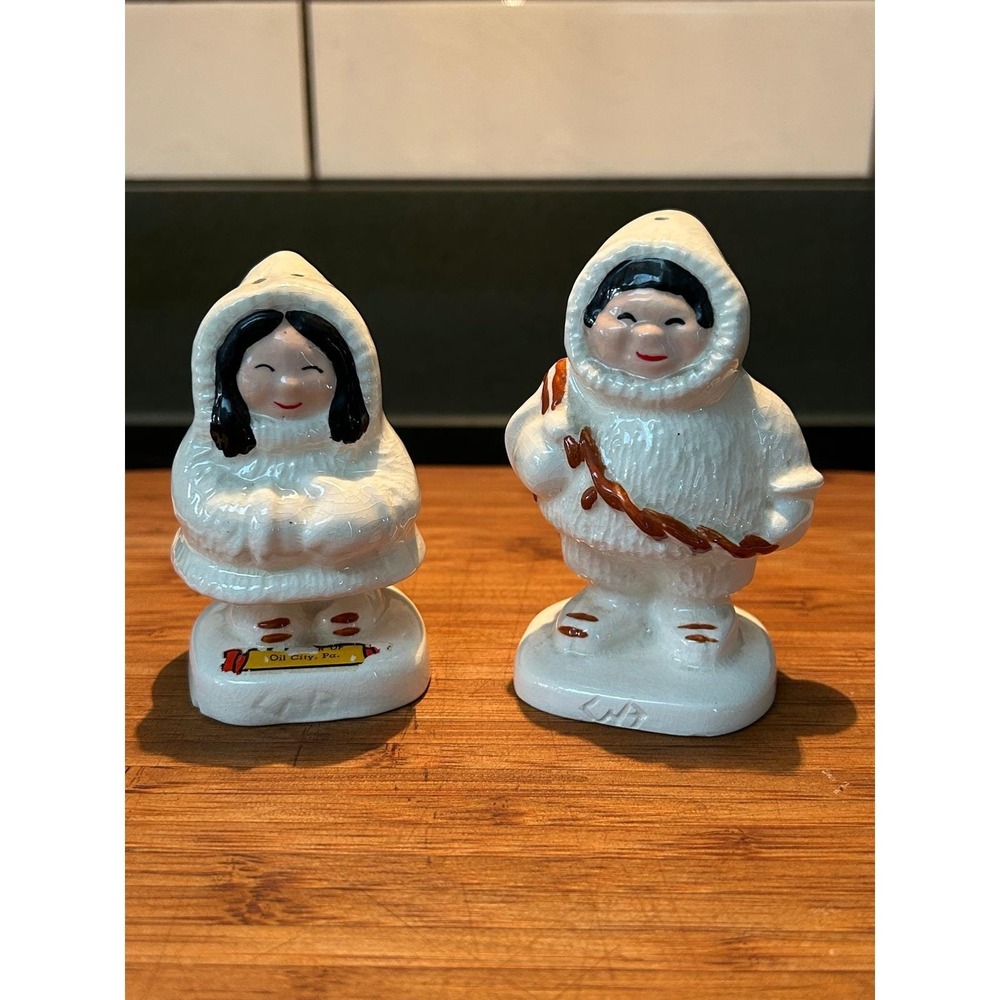 Vintage Horvath Eskimo Inuit Salt and Pepper Shakers Oil City Pa Souvenir White